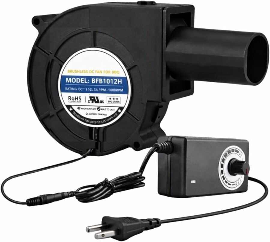 Brushless DC 12V Blower Fan with Adjustable Speed Power Adapter for BBQ, Tandoor & Stoves