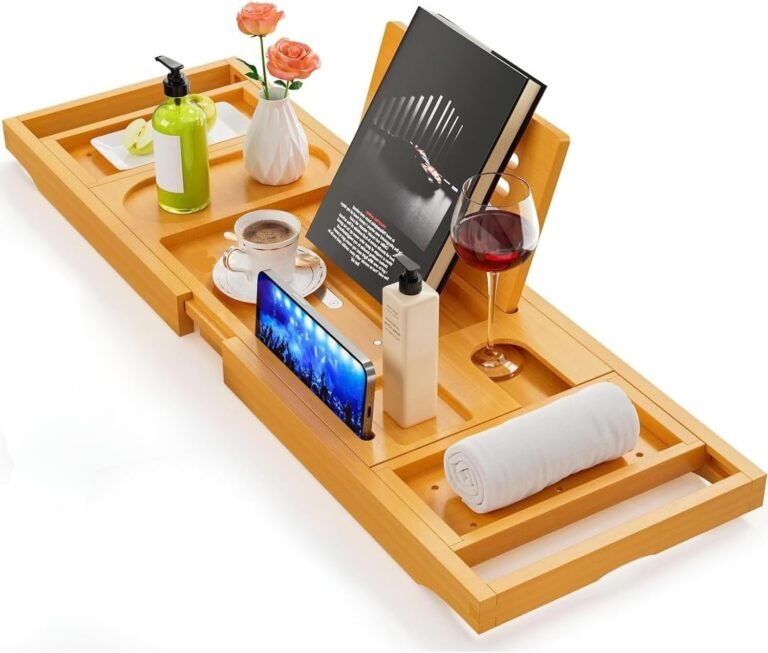 Expandable Bamboo Bathtub Caddy Tray with Book, Tablet & Wine Glass Holder