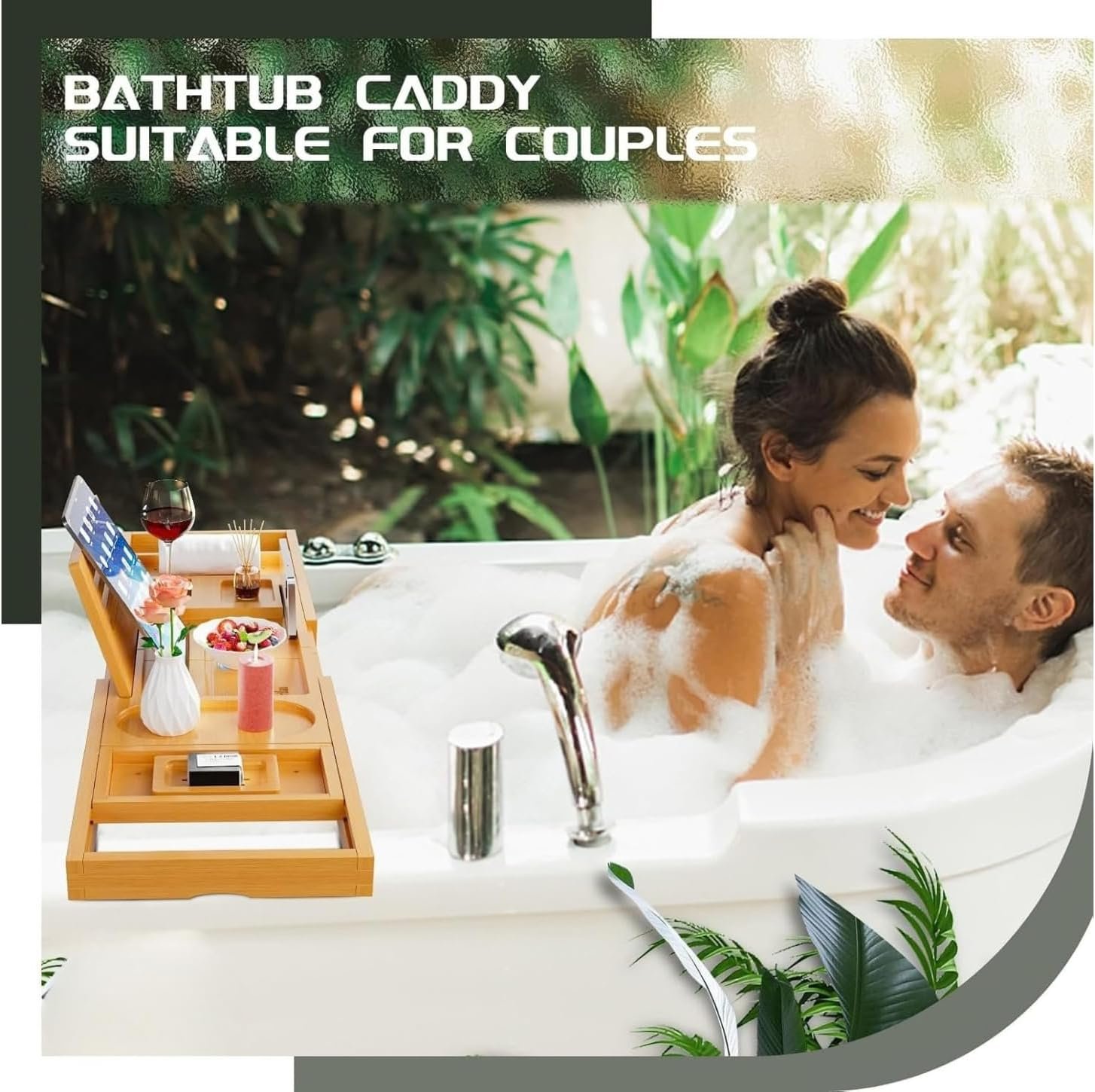 Expandable Bamboo Bathtub Caddy Tray with Book, Tablet & Wine Glass Holder - Image 4